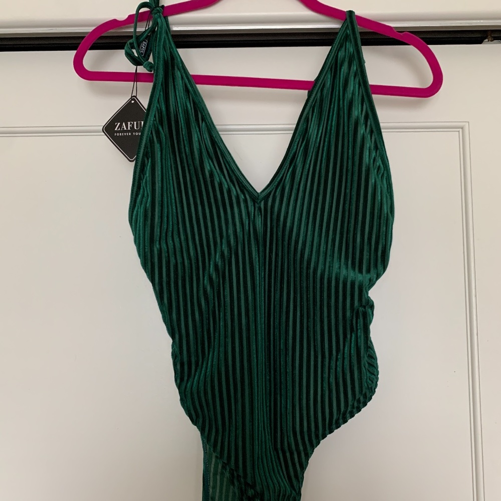 ZAFUL Velvet Ribbed Backless Swimsuit - Green